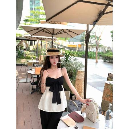 BY18063# 钰桐轻奢山茶香氛小香风真丝缎面撞色拼接蝴蝶结吊带女 服裝批發女裝批發服飾貨源