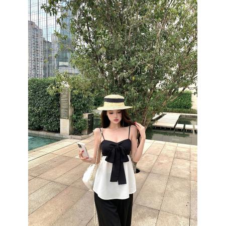 BY18063# 钰桐轻奢山茶香氛小香风真丝缎面撞色拼接蝴蝶结吊带女 服裝批發女裝批發服飾貨源