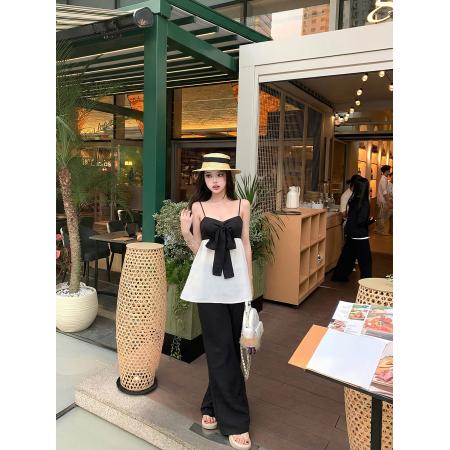 BY18063# 钰桐轻奢山茶香氛小香风真丝缎面撞色拼接蝴蝶结吊带女 服裝批發女裝批發服飾貨源