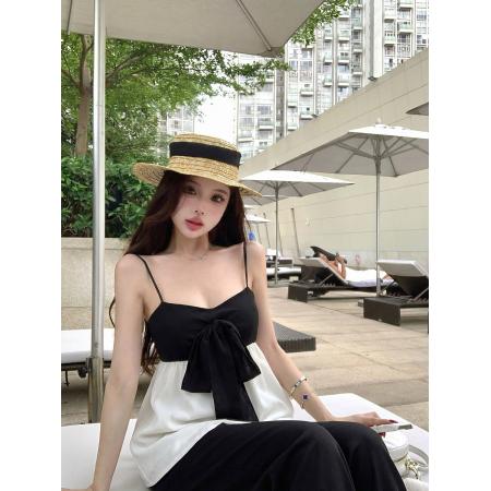 BY18063# 钰桐轻奢山茶香氛小香风真丝缎面撞色拼接蝴蝶结吊带女 服裝批發女裝批發服飾貨源