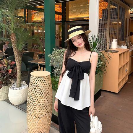 BY18063# 钰桐轻奢山茶香氛小香风真丝缎面撞色拼接蝴蝶结吊带女 服裝批發女裝批發服飾貨源