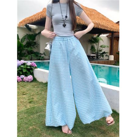 BY18070# 格子花苞裙裤女夏季新款高腰宽松显瘦垂感灯笼裤休闲阔腿裤 服裝批發女裝批發服飾貨源