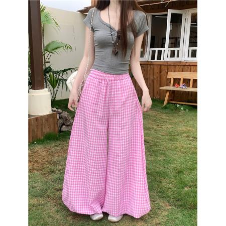 BY18070# 格子花苞裙裤女夏季新款高腰宽松显瘦垂感灯笼裤休闲阔腿裤 服裝批發女裝批發服飾貨源