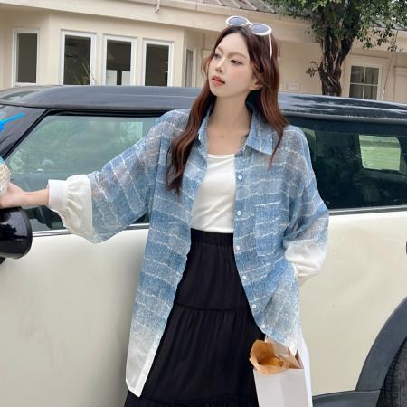 BY18081# 韩版春季亮片提花横条衬衫设计感上衣镂空宽松防晒衣女衬衣外套潮 服裝批發女裝批發服飾貨源