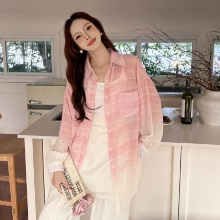 BY18081# 韩版春季亮片提花横条衬衫设计感上衣镂空宽松防晒衣女衬衣外套潮 服裝批發女裝批發服飾貨源