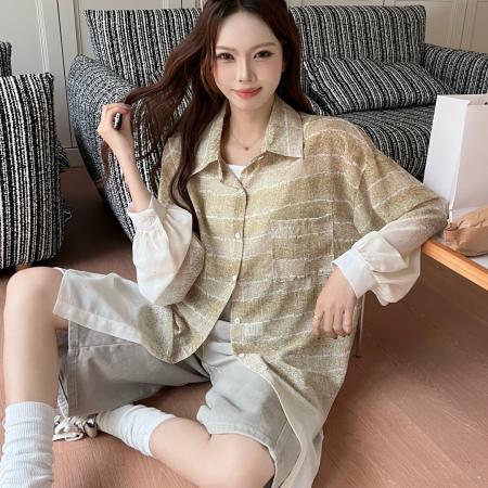 BY18081# 韩版春季亮片提花横条衬衫设计感上衣镂空宽松防晒衣女衬衣外套潮 服裝批發女裝批發服飾貨源