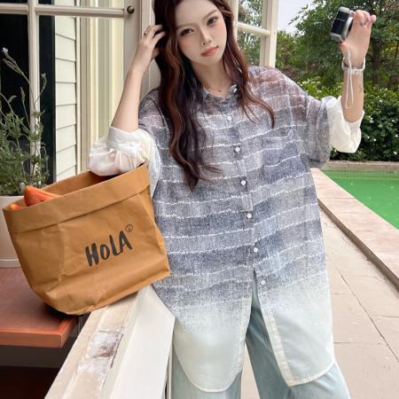 BY18081# 韩版春季亮片提花横条衬衫设计感上衣镂空宽松防晒衣女衬衣外套潮 服裝批發女裝批發服飾貨源