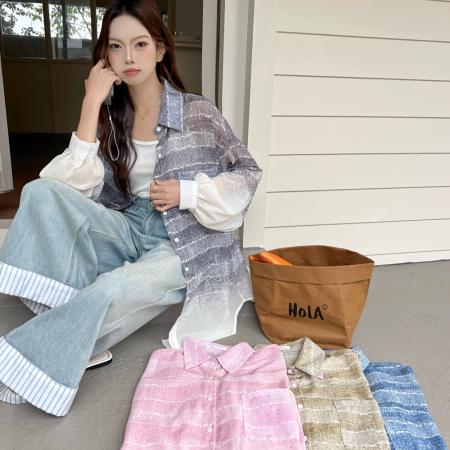 BY18081# 韩版春季亮片提花横条衬衫设计感上衣镂空宽松防晒衣女衬衣外套潮 服裝批發女裝批發服飾貨源