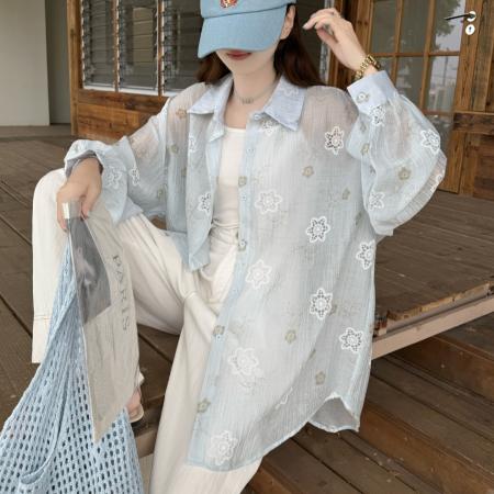 BY18082# 韩版oversize夏季提花植物透视装衬衫宽松长袖休闲防晒衬衣女外套 服裝批發女裝批發服飾貨源