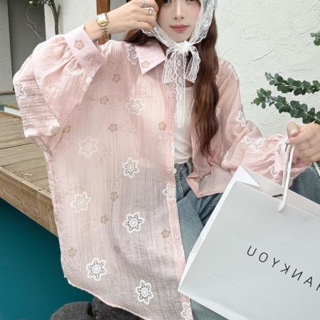 BY18082# 韩版oversize夏季提花植物透视装衬衫宽松长袖休闲防晒衬衣女外套 服裝批發女裝批發服飾貨源