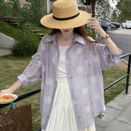 BY18082# 韩版oversize夏季提花植物透视装衬衫宽松长袖休闲防晒衬衣女外套 服裝批發女裝批發服飾貨源