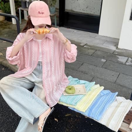 BY18083# 夏季薄款提花条纹衬衫oversize设计感防晒衣女宽松百搭上衣外套潮 服裝批發女裝批發服飾貨源