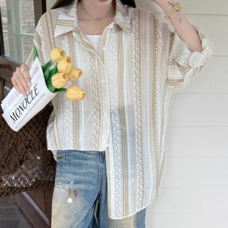 BY18083# 夏季薄款提花条纹衬衫oversize设计感防晒衣女宽松百搭上衣外套潮 服裝批發女裝批發服飾貨源
