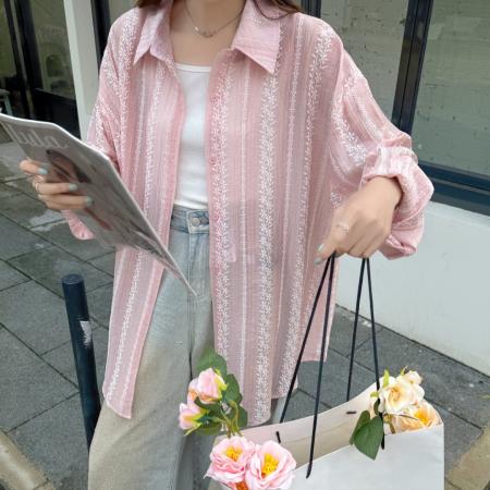 BY18083# 夏季薄款提花条纹衬衫oversize设计感防晒衣女宽松百搭上衣外套潮 服裝批發女裝批發服飾貨源