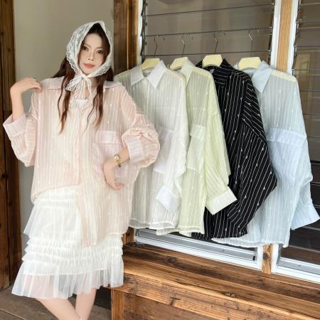 BY18084# 韩版夏薄款提花条纹衬衫oversize设计感防晒衣女宽松百搭上衣外套 服裝批發女裝批發服飾貨源