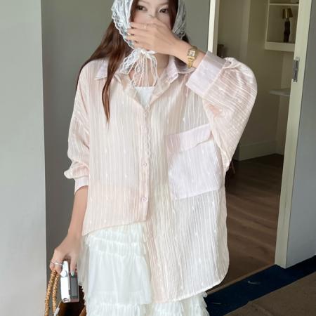 BY18084# 韩版夏薄款提花条纹衬衫oversize设计感防晒衣女宽松百搭上衣外套 服裝批發女裝批發服飾貨源