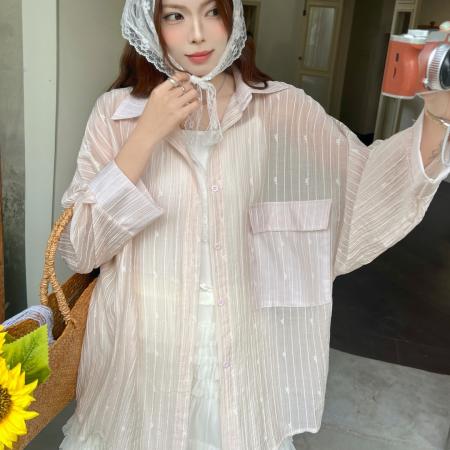 BY18084# 韩版夏薄款提花条纹衬衫oversize设计感防晒衣女宽松百搭上衣外套 服裝批發女裝批發服飾貨源