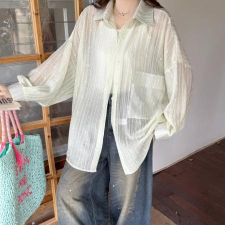 BY18084# 韩版夏薄款提花条纹衬衫oversize设计感防晒衣女宽松百搭上衣外套 服裝批發女裝批發服飾貨源