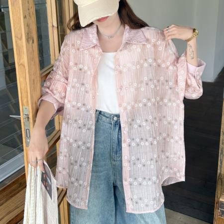 BY18085# 韩版夏季透视装提花衬衫大码宽松时尚设计感百搭防晒衣外套女衬衣 服裝批發女裝批發服飾貨源