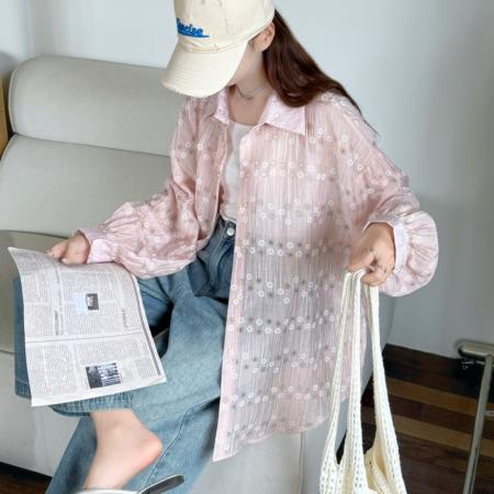 BY18085# 韩版夏季透视装提花衬衫大码宽松时尚设计感百搭防晒衣外套女衬衣 服裝批發女裝批發服飾貨源
