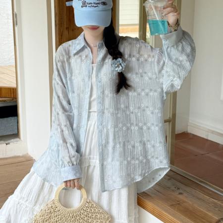 BY18085# 韩版夏季透视装提花衬衫大码宽松时尚设计感百搭防晒衣外套女衬衣 服裝批發女裝批發服飾貨源