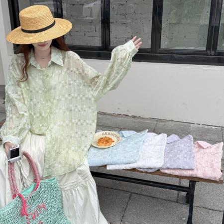 BY18085# 韩版夏季透视装提花衬衫大码宽松时尚设计感百搭防晒衣外套女衬衣 服裝批發女裝批發服飾貨源