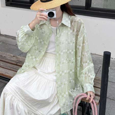BY18085# 韩版夏季透视装提花衬衫大码宽松时尚设计感百搭防晒衣外套女衬衣 服裝批發女裝批發服飾貨源