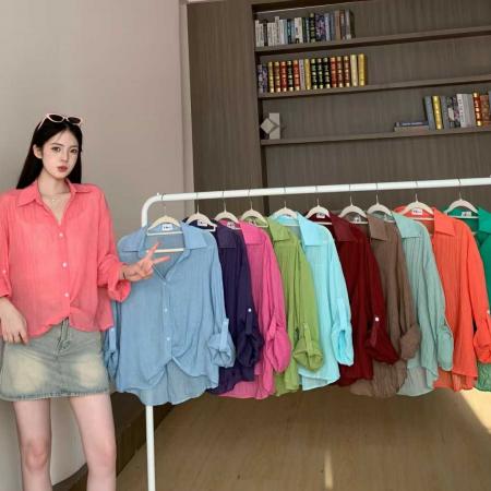 BY18086# 韩版夏季oversize袖扣衬衫原宿风长袖衬衣时尚休闲防晒衬衣女外套 服裝批發女裝批發服飾貨源