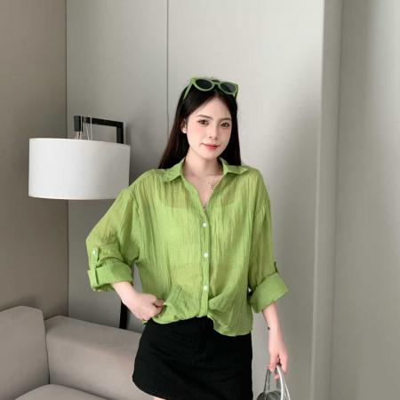 BY18086# 韩版夏季oversize袖扣衬衫原宿风长袖衬衣时尚休闲防晒衬衣女外套 服裝批發女裝批發服飾貨源