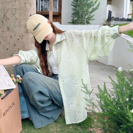 BY18087# 韩版夏季oversize星星绣花衬衫长袖宽松长袖休闲防晒衬衣女外套潮 服裝批發女裝批發服飾貨源