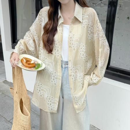 BY18087# 韩版夏季oversize星星绣花衬衫长袖宽松长袖休闲防晒衬衣女外套潮 服裝批發女裝批發服飾貨源