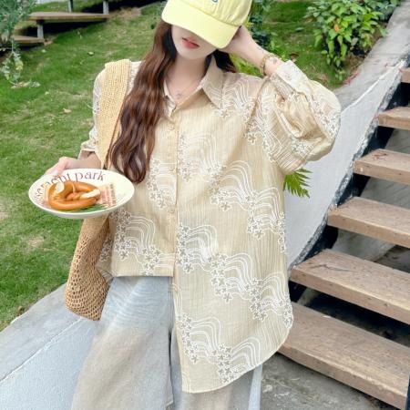BY18087# 韩版夏季oversize星星绣花衬衫长袖宽松长袖休闲防晒衬衣女外套潮 服裝批發女裝批發服飾貨源
