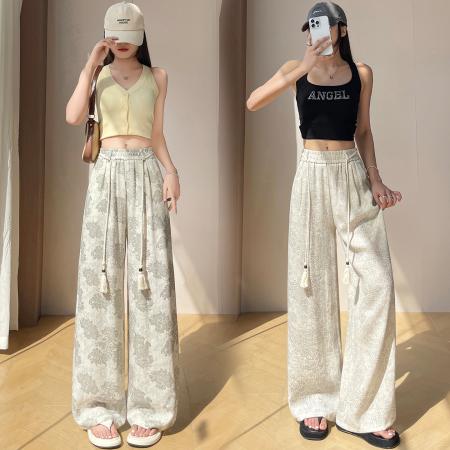 BY18089# 复古印花棉麻阔腿裤女夏季薄款慵懒风冰丝亚麻直筒山本裤 服裝批發女裝批發服飾貨源