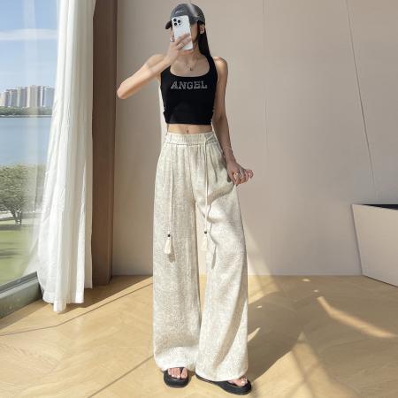 BY18089# 复古印花棉麻阔腿裤女夏季薄款慵懒风冰丝亚麻直筒山本裤 服裝批發女裝批發服飾貨源