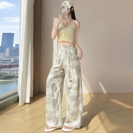 BY18089# 复古印花棉麻阔腿裤女夏季薄款慵懒风冰丝亚麻直筒山本裤 服裝批發女裝批發服飾貨源