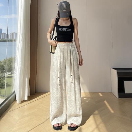 BY18089# 复古印花棉麻阔腿裤女夏季薄款慵懒风冰丝亚麻直筒山本裤 服裝批發女裝批發服飾貨源