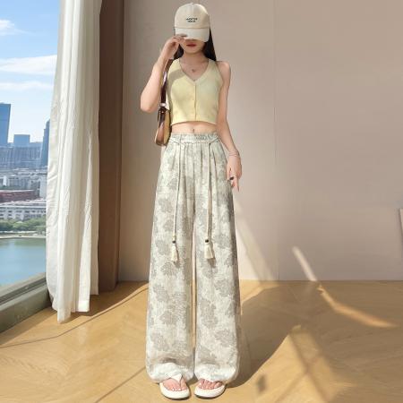 BY18089# 复古印花棉麻阔腿裤女夏季薄款慵懒风冰丝亚麻直筒山本裤 服裝批發女裝批發服飾貨源