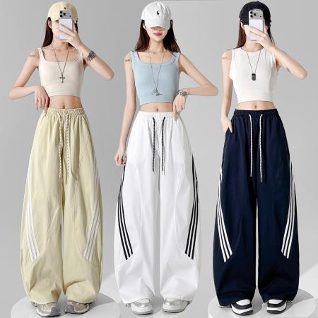 BY18090# 夏季新款三条杠简约抽绳弹力休闲百搭休闲工装裤女 服裝批發女裝批發服飾貨源