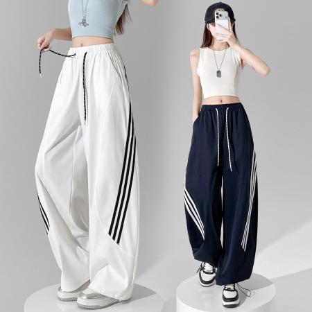 BY18090# 夏季新款三条杠简约抽绳弹力休闲百搭休闲工装裤女 服裝批發女裝批發服飾貨源