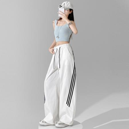 BY18090# 夏季新款三条杠简约抽绳弹力休闲百搭休闲工装裤女 服裝批發女裝批發服飾貨源