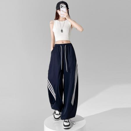 BY18090# 夏季新款三条杠简约抽绳弹力休闲百搭休闲工装裤女 服裝批發女裝批發服飾貨源
