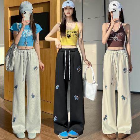BY18091# 刺绣小狗休闲裤春日穿搭女装休闲运动阔腿长裤子 服裝批發女裝批發服飾貨源