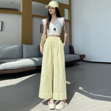 BY18092# 洗水棉冰丝阔腿裤女夏薄款高腰显瘦蕾丝边宽松垂感直筒九分休闲裤 服裝批發女裝批發服飾貨源