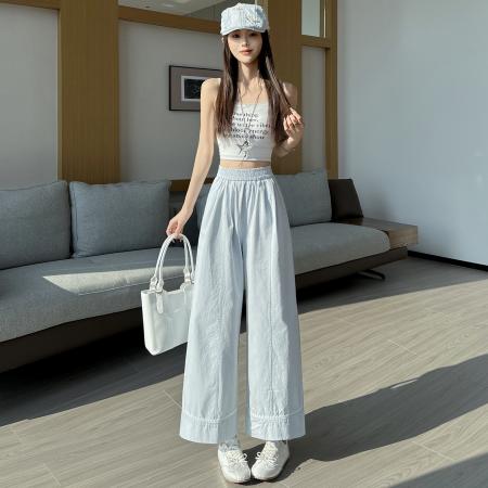 BY18092# 洗水棉冰丝阔腿裤女夏薄款高腰显瘦蕾丝边宽松垂感直筒九分休闲裤 服裝批發女裝批發服飾貨源