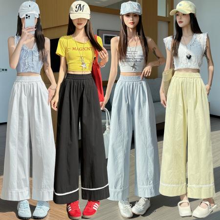 BY18092# 洗水棉冰丝阔腿裤女夏薄款高腰显瘦蕾丝边宽松垂感直筒九分休闲裤 服裝批發女裝批發服飾貨源