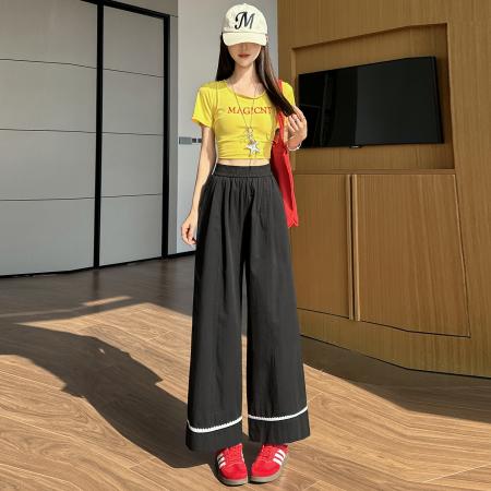 BY18092# 洗水棉冰丝阔腿裤女夏薄款高腰显瘦蕾丝边宽松垂感直筒九分休闲裤 服裝批發女裝批發服飾貨源