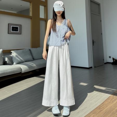 BY18092# 洗水棉冰丝阔腿裤女夏薄款高腰显瘦蕾丝边宽松垂感直筒九分休闲裤 服裝批發女裝批發服飾貨源