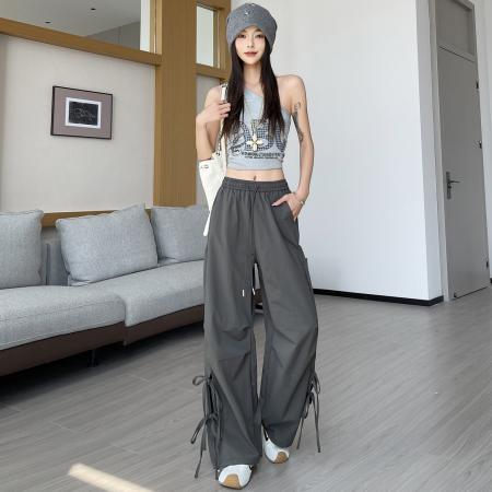 BY18093# 休闲裤女夏季新款美式复古绑带镂空高腰直筒工装裤 服裝批發女裝批發服飾貨源
