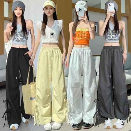 BY18093# 休闲裤女夏季新款美式复古绑带镂空高腰直筒工装裤 服裝批發女裝批發服飾貨源