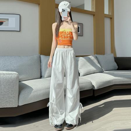 BY18093# 休闲裤女夏季新款美式复古绑带镂空高腰直筒工装裤 服裝批發女裝批發服飾貨源